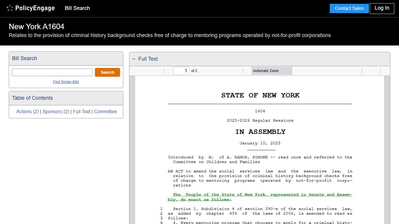 A1604 New York 2025-2026 Relates to the provision of criminal history background checks free of charge to mentoring programs operated by not-for-profit corporations - Legislative Tracking PolicyEngage
