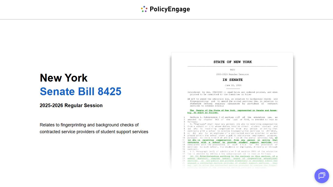 NY S8425 2025 New York Senate Bill 8425 2025-2026 Regular Session Relates to fingerprinting and background checks of contracted service providers of student support s… PolicyEngage